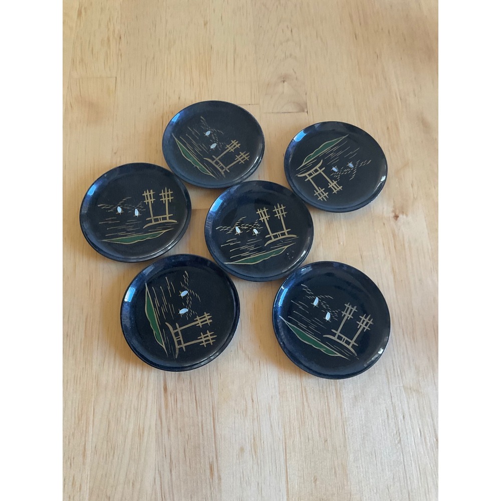 Vintage Japanese Coasters Set of 6 Black Gold Torii Gate Scene 3.5 Inch